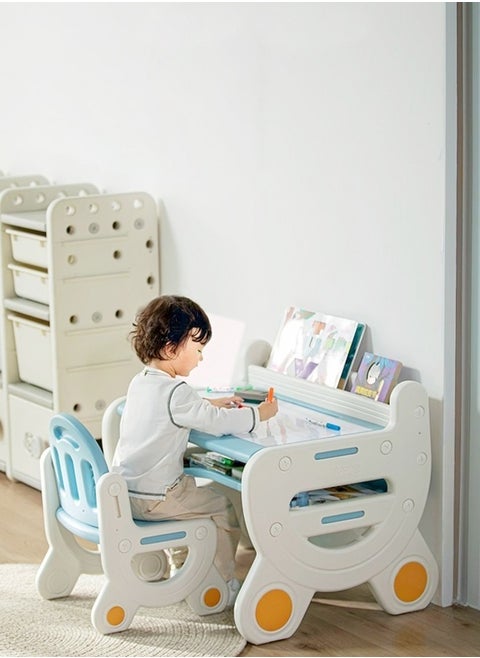 Multifunction Kid's Table and Chair Set Multipurpose Use Safe Concave Design Multiple Storage Study Desk with Built in Tablet Holder Bookshelf Under Desk Storage Rack and Ergonomic Design Stable and Lightweight Chair for Learning Studying Workstation 78x55x61 and 36x28x54 cm