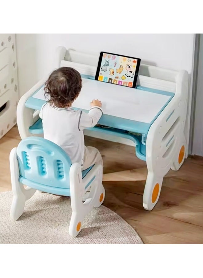 Multifunction Kid's Table and Chair Set Multipurpose Use Safe Concave Design Multiple Storage Study Desk with Built in Tablet Holder Bookshelf Under Desk Storage Rack and Ergonomic Design Stable and Lightweight Chair for Learning Studying Workstation 78x55x61 and 36x28x54 cm