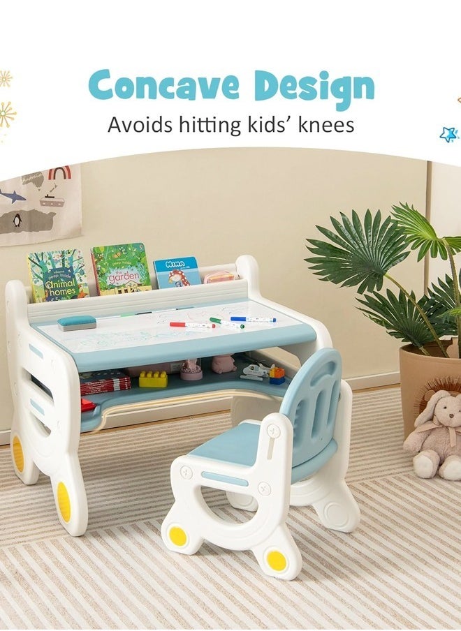 Multifunction Kid's Table and Chair Set Multipurpose Use Safe Concave Design Multiple Storage Study Desk with Built in Tablet Holder Bookshelf Under Desk Storage Rack and Ergonomic Design Stable and Lightweight Chair for Learning Studying Workstation 78x55x61 and 36x28x54 cm