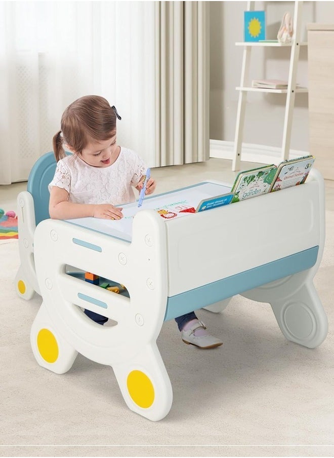 Multifunction Kid's Table and Chair Set Multipurpose Use Safe Concave Design Multiple Storage Study Desk with Built in Tablet Holder Bookshelf Under Desk Storage Rack and Ergonomic Design Stable and Lightweight Chair for Learning Studying Workstation 78x55x61 and 36x28x54 cm