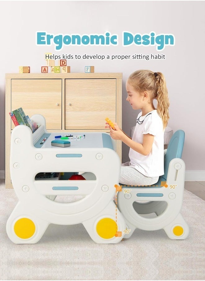 Multifunction Kid's Table and Chair Set Multipurpose Use Safe Concave Design Multiple Storage Study Desk with Built in Tablet Holder Bookshelf Under Desk Storage Rack and Ergonomic Design Stable and Lightweight Chair for Learning Studying Workstation 78x55x61 and 36x28x54 cm