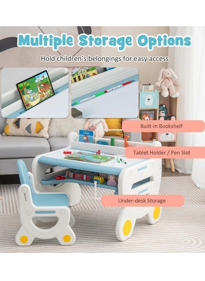 Multifunction Kid's Table and Chair Set Multipurpose Use Safe Concave Design Multiple Storage Study Desk with Built in Tablet Holder Bookshelf Under Desk Storage Rack and Ergonomic Design Stable and Lightweight Chair for Learning Studying Workstation 78x55x61 and 36x28x54 cm