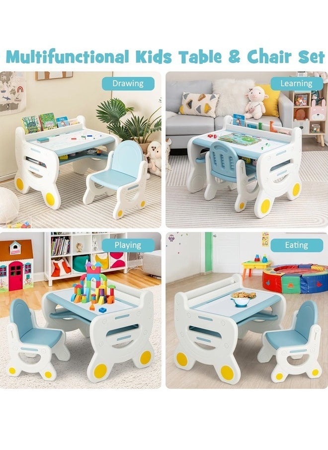 Multifunction Kid's Table and Chair Set Multipurpose Use Safe Concave Design Multiple Storage Study Desk with Built in Tablet Holder Bookshelf Under Desk Storage Rack and Ergonomic Design Stable and Lightweight Chair for Learning Studying Workstation 78x55x61 and 36x28x54 cm
