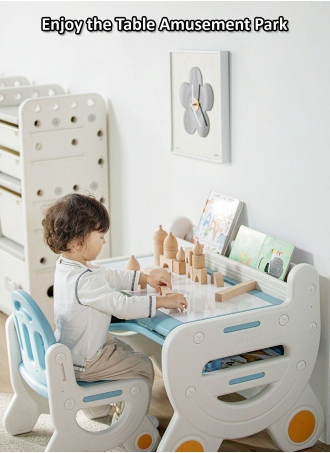 Multifunction Kid's Table and Chair Set Multipurpose Use Safe Concave Design Multiple Storage Study Desk with Built in Tablet Holder Bookshelf Under Desk Storage Rack and Ergonomic Design Stable and Lightweight Chair for Learning Studying Workstation 78x55x61 and 36x28x54 cm