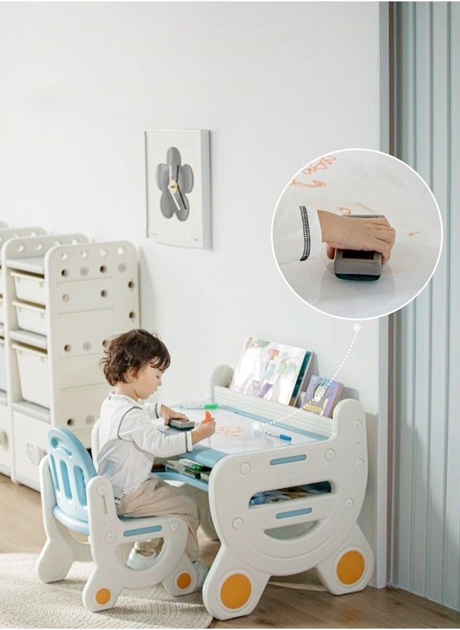 Multifunction Kid's Table and Chair Set Multipurpose Use Safe Concave Design Multiple Storage Study Desk with Built in Tablet Holder Bookshelf Under Desk Storage Rack and Ergonomic Design Stable and Lightweight Chair for Learning Studying Workstation 78x55x61 and 36x28x54 cm