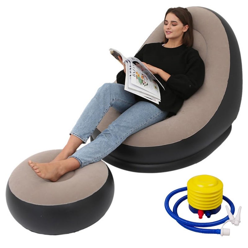 Inflatable Sofa Lounger with Air Pump, Blow Up Chair with Footrest for Indoor & Outdoor Use, 116x98x83cm Air Couch for Gaming, Camping, or Relaxing, Portable Lazy Furniture in Grey - Image 2