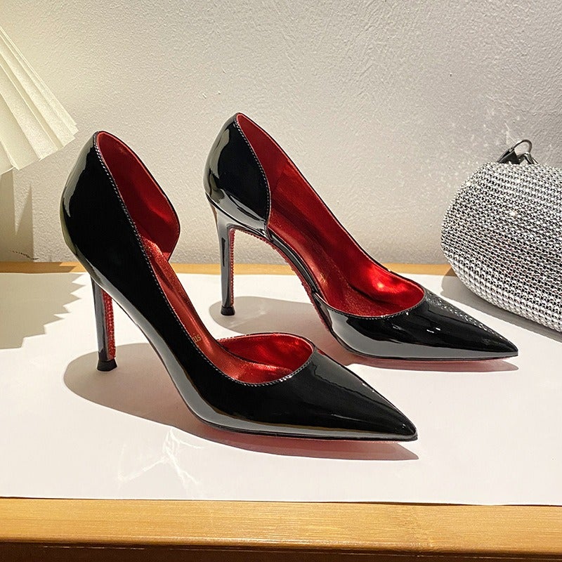 2026 New Red Sole Pointed Toe Side Hollow Sexy Nude High Heels for Women - Elegant Black Patent Leather Single Shoes