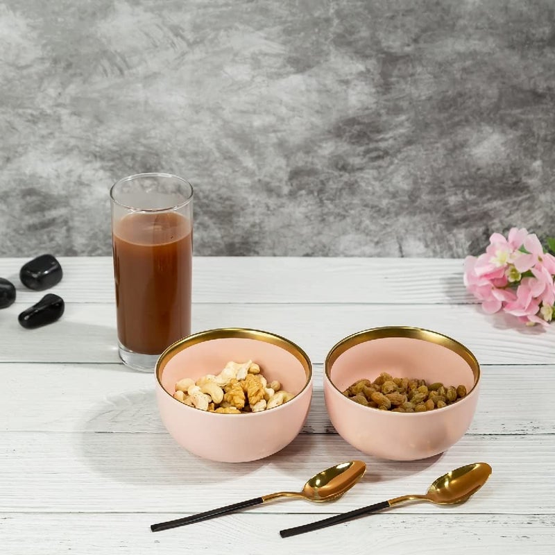 EZ Life Urbane Select Class Series Bowl - Pack of 2-4.5 Inch Dinner Bowl 350 ml - Glossy Lotus Pink Colour with Gold Lining -Matte Finish Serving Bowls - Home Kitchen - Serveware - Image 3