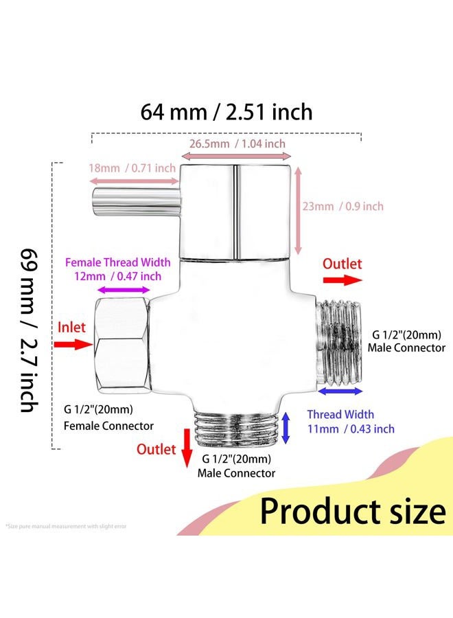 Mathtoxyz G1/2" Shower Head Diverter Valve, Solid Brass Shower Arm Diverter Valve for Hand Held Showerhead and Fixed Spray Head, 20mm Diameter 3-Way Universal Shower System Replacement Part (Chrome Finish) - Image 3