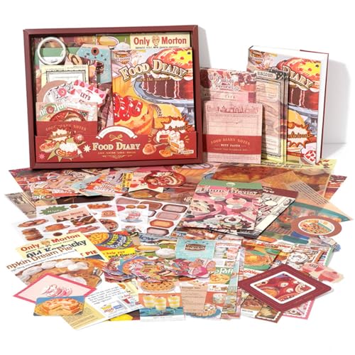 The AutoStory Recipe Book Scrapbook Kit A6 Junk Journal Notebook Yummy Meal Stickers Cooking Decorative Papers Washi Tape DIY Craft Art Creative Cookbook Writing Gift (Food Diary, Red) - Image 1