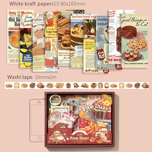 The AutoStory Recipe Book Scrapbook Kit A6 Junk Journal Notebook Yummy Meal Stickers Cooking Decorative Papers Washi Tape DIY Craft Art Creative Cookbook Writing Gift (Food Diary, Red) - Image 5