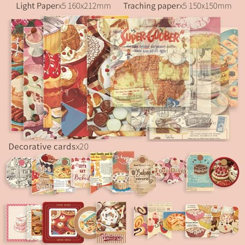 The AutoStory Recipe Book Scrapbook Kit A6 Junk Journal Notebook Yummy Meal Stickers Cooking Decorative Papers Washi Tape DIY Craft Art Creative Cookbook Writing Gift (Food Diary, Red) - Image 4