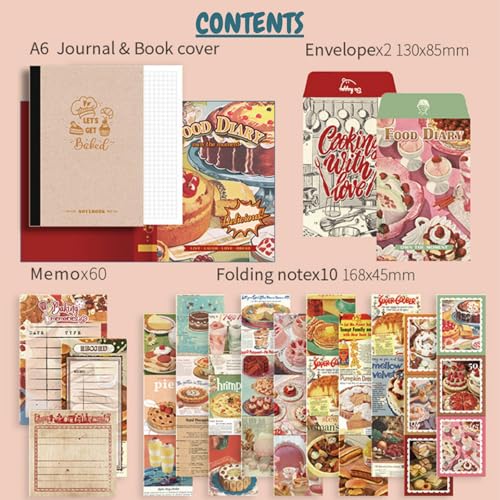 The AutoStory Recipe Book Scrapbook Kit A6 Junk Journal Notebook Yummy Meal Stickers Cooking Decorative Papers Washi Tape DIY Craft Art Creative Cookbook Writing Gift (Food Diary, Red) - Image 2