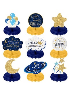 Outus 9 Pieces Twinkle Twinkle Little Star Honeycomb Centerpieces Baby Shower Decor Star Party Table Toppers Cloud Glitter Little Star Table Decorations For Baby Shower Birthday Party(Blue And Gold)  - Image 1