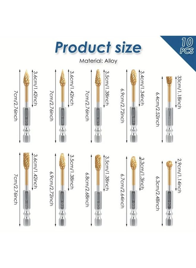 10pcs 1 4 Inch Carbide Burr Set Double Cut Die Grinder Bits Golden and Silvery - Image 4