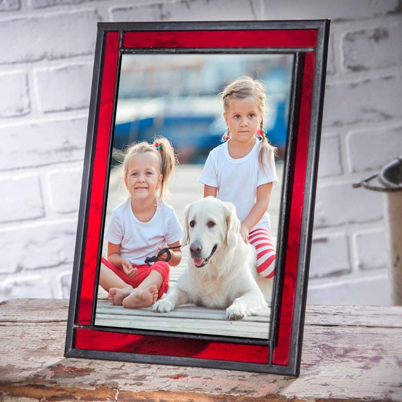 J Devlin Glass Art Red Stained Glass Picture Frame for Home D?cor  Office  Desk  Table Top 5x7 Photo Horizontal Vertical Easel Back Series J Devlin - Image 1