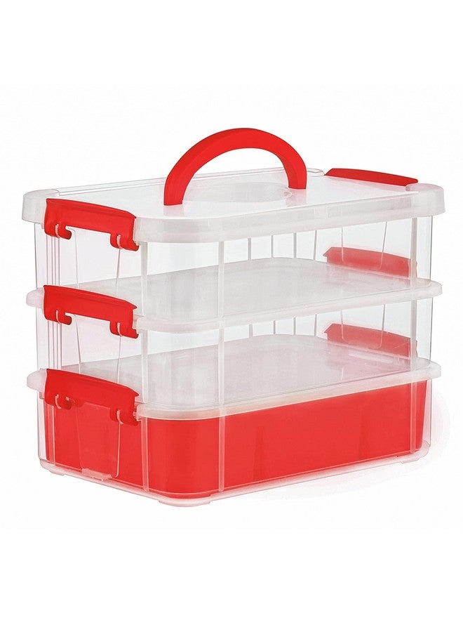HOLLIO plastic boxes for Storage transparent boxes for storage, Portable & Stackable Space Saving Organiser with Lid for Medicine, Jewelry, Buttons, Beads (3 TIER WITH 1 TRAY, Red) - Image 1