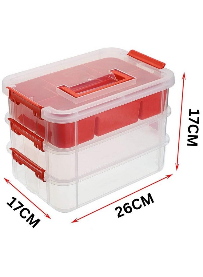 HOLLIO plastic boxes for Storage transparent boxes for storage, Portable & Stackable Space Saving Organiser with Lid for Medicine, Jewelry, Buttons, Beads (3 TIER WITH 1 TRAY, Red) - Image 2