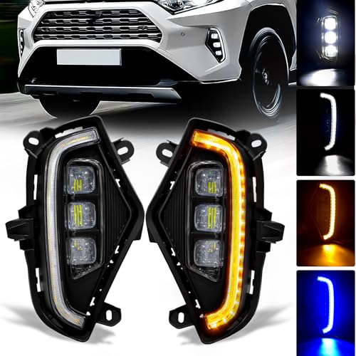 OKSIWA LED Fog Lights with 3 Colors DRL for Toyota Rav4 2019-2024, White LED Daytime Running light, Amber Turn Signal,Blue Lights for Nights, Fog Lamp Assembly kit with Bezel Wiring Harness - Image 1