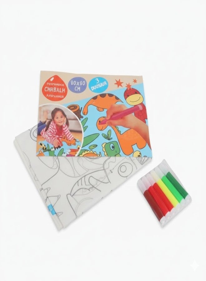 KRySt Reusable Washable Coloring Mat for Kids – 80 x 80 cm | Foldable Drawing Sheet for Creative Fun | Includes Water-Based Pens (Dino) - Image 1