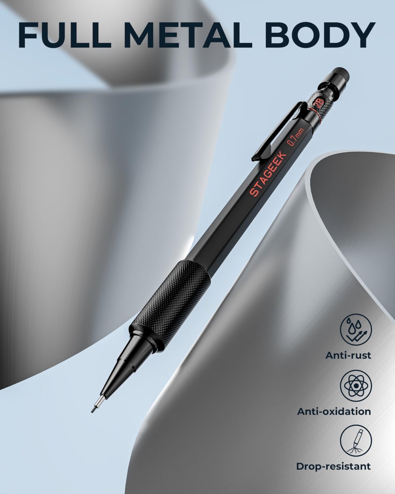 STAGEEK 0.7mm Mechanical Pencil Set, 3PCS Metal Mechanical Pencils 0.7mm with 6 Tubes HB & 2B Lead Refills,Erasers, Weatherproof Artist Pencils with Case for Outdoor Writing Drafting Drawing - Image 3