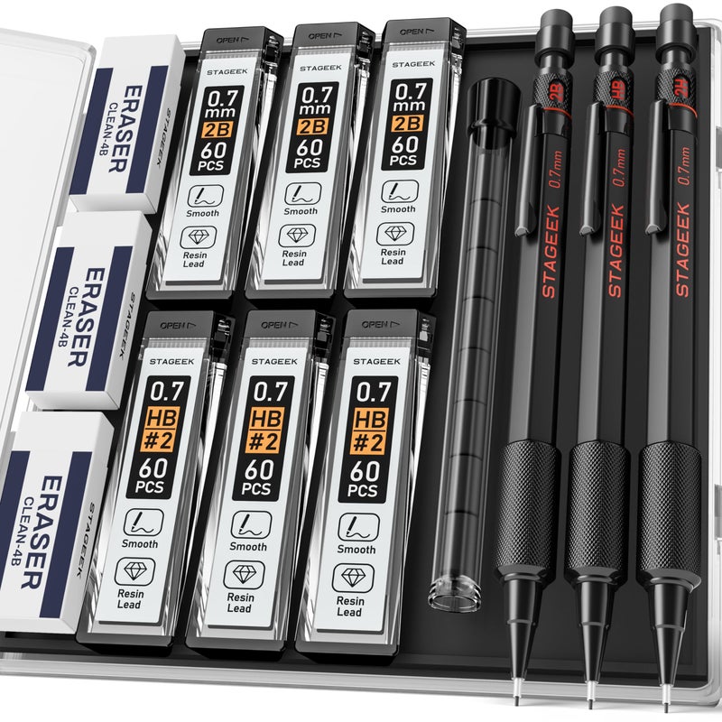 STAGEEK 0.7mm Mechanical Pencil Set, 3PCS Metal Mechanical Pencils 0.7mm with 6 Tubes HB & 2B Lead Refills,Erasers, Weatherproof Artist Pencils with Case for Outdoor Writing Drafting Drawing - Image 1