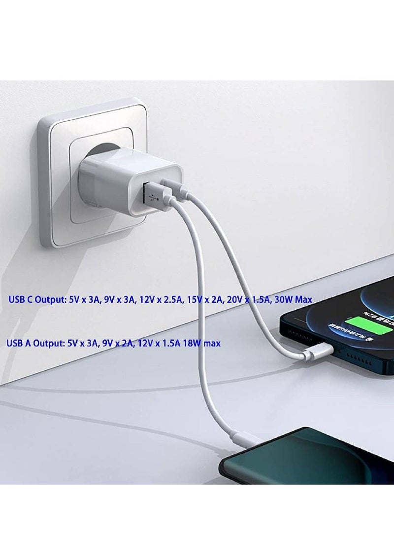 شاحن جداري مزدوج المنافذ لهاتف Samsung Galaxy و iPhone و iPad والأجهزة اللوحية الأخرى و Macbook Air ، بما في ذلك منفذ شحن GaN 30W USB C PD ومنفذ USB بقوة 18 وات للهاتف الثاني أبيض - Image 3