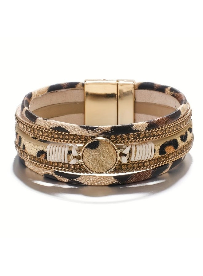 Goolsky 1pc Boho Chic Leopard Print Wide Cuff Bangle Bracelet with Rhinestone Accents - Vintage Style Faux Leather Wrap Bangle for Women, Comfortable Bohemian Jewelry for Daily & Party Occasions - Autumn Season Accessory - Image 1