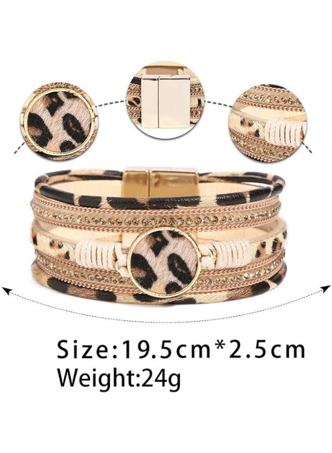 Goolsky 1pc Boho Chic Leopard Print Wide Cuff Bangle Bracelet with Rhinestone Accents - Vintage Style Faux Leather Wrap Bangle for Women, Comfortable Bohemian Jewelry for Daily & Party Occasions - Autumn Season Accessory - Image 3