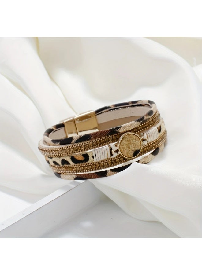 Goolsky 1pc Boho Chic Leopard Print Wide Cuff Bangle Bracelet with Rhinestone Accents - Vintage Style Faux Leather Wrap Bangle for Women, Comfortable Bohemian Jewelry for Daily & Party Occasions - Autumn Season Accessory - Image 2