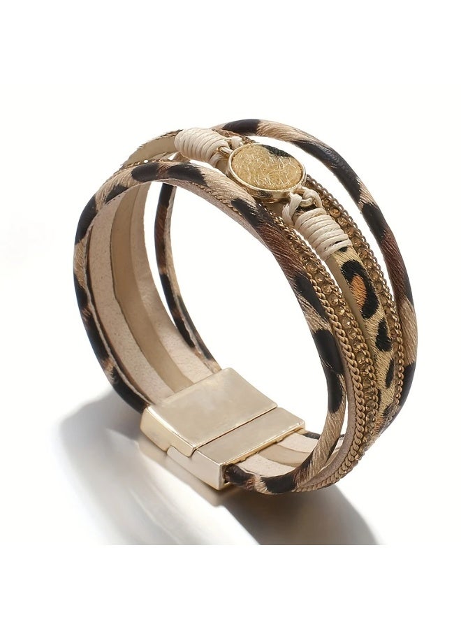 Goolsky 1pc Boho Chic Leopard Print Wide Cuff Bangle Bracelet with Rhinestone Accents - Vintage Style Faux Leather Wrap Bangle for Women, Comfortable Bohemian Jewelry for Daily & Party Occasions - Autumn Season Accessory - Image 5