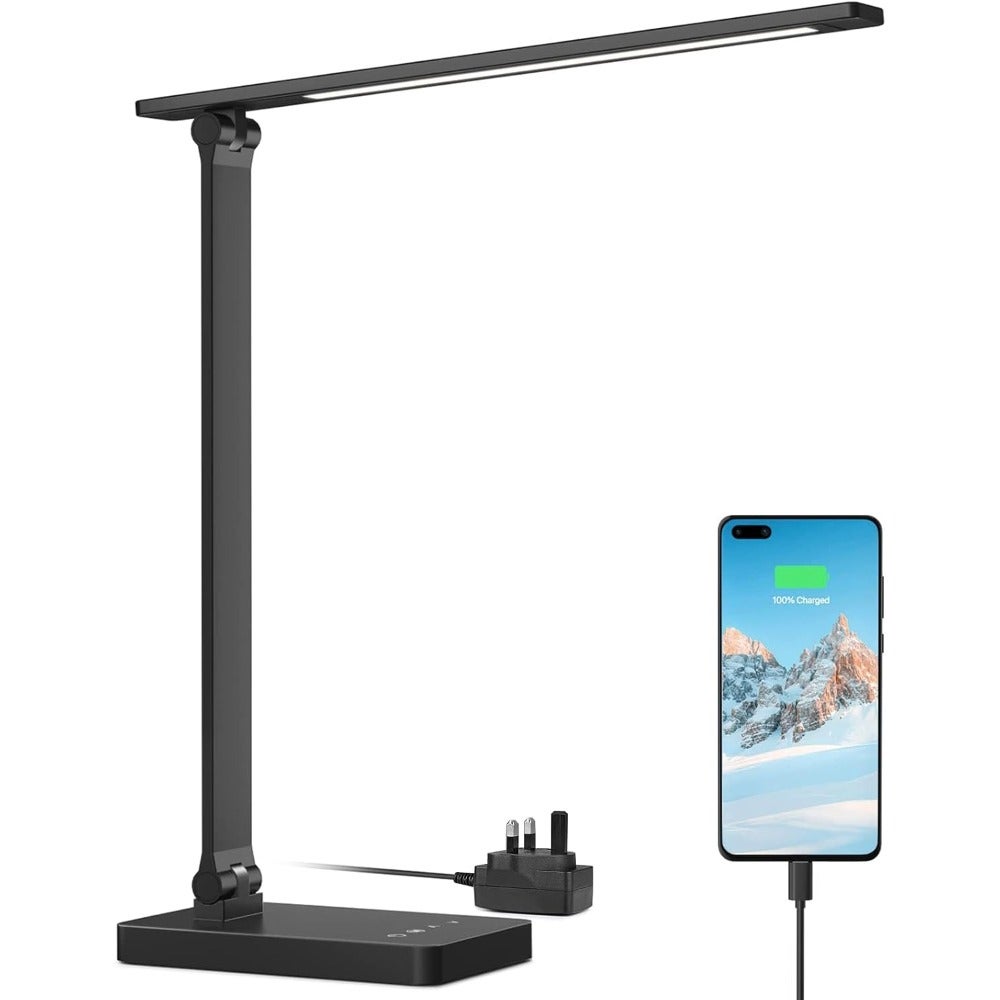 LED Desk Lamp, Desk Lamp with USB Charging Port, 655lm, Eye Caring Table Lamp, 5 Brightness Levels x 3 Colour Modes, Touch Control Daylight Lamp for Office, Back to School, Bedside and More