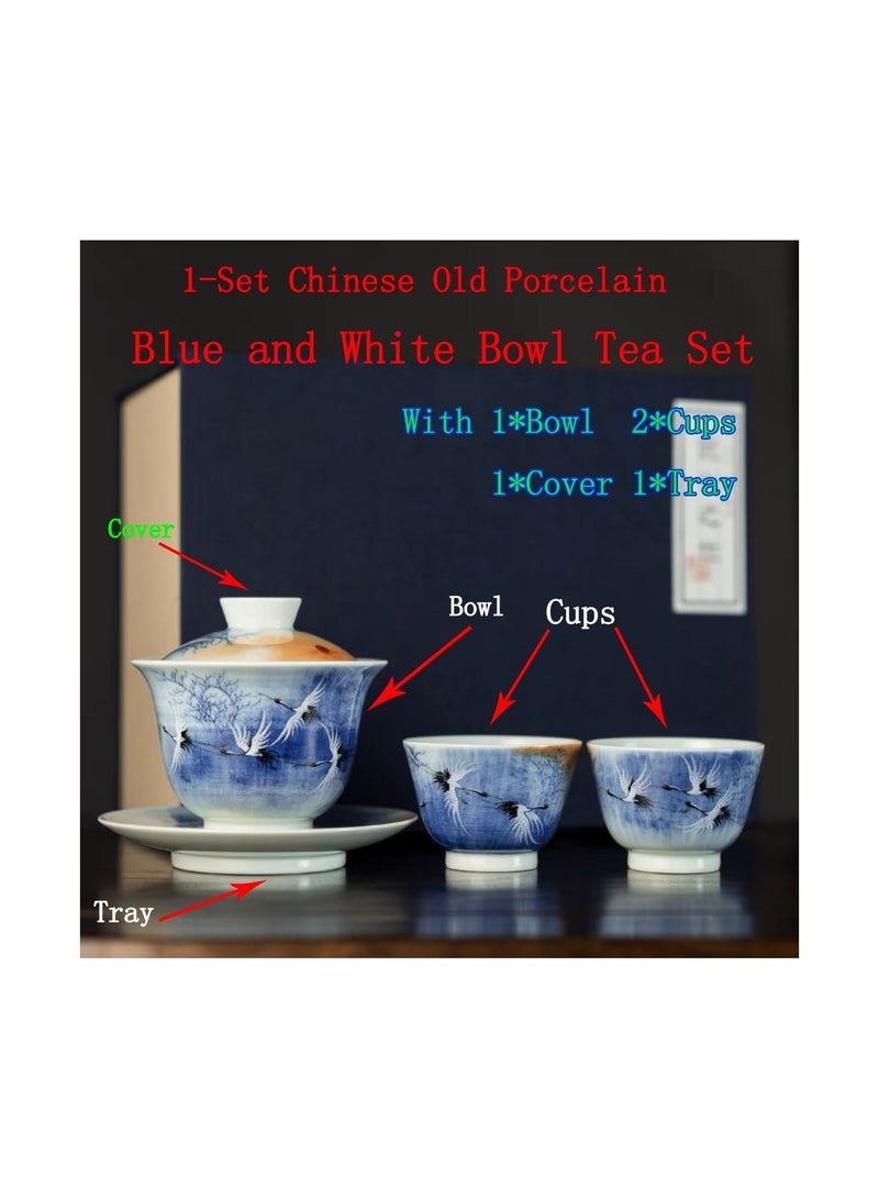 1-Set Chinese Old Porcelain Blue and White Bowl Tea Set,Chinese Tea Bowl with Cover Tray and Cups,Chinese Traditional Handicraft Ceramic Tea Set - Image 1