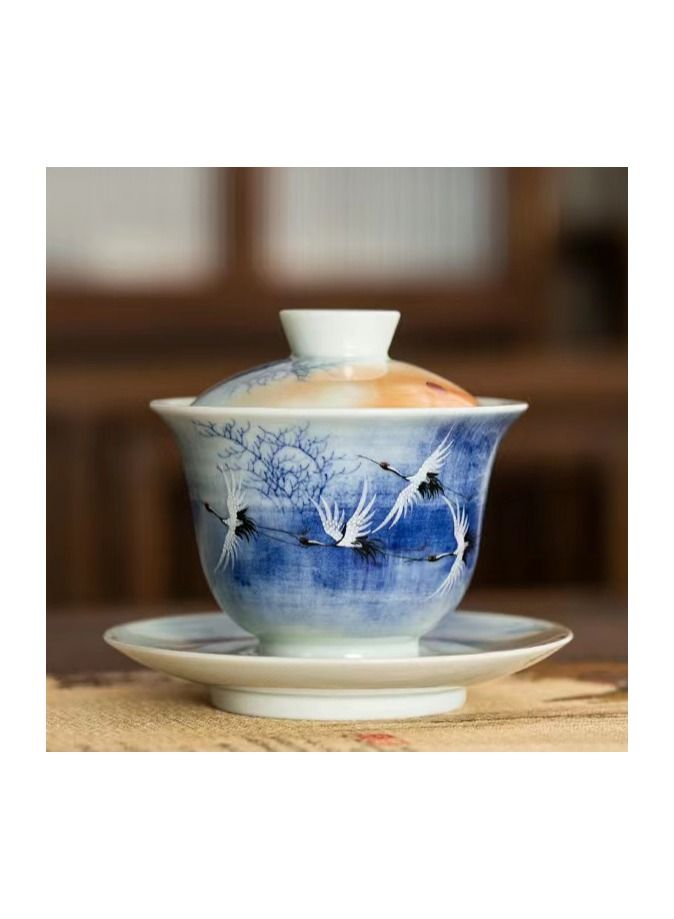 1-Set Chinese Old Porcelain Blue and White Bowl Tea Set,Chinese Tea Bowl with Cover Tray and Cups,Chinese Traditional Handicraft Ceramic Tea Set - Image 2
