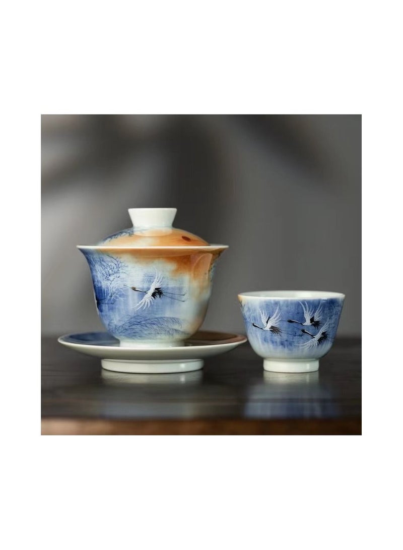 1-Set Chinese Old Porcelain Blue and White Bowl Tea Set,Chinese Tea Bowl with Cover Tray and Cups,Chinese Traditional Handicraft Ceramic Tea Set - Image 3