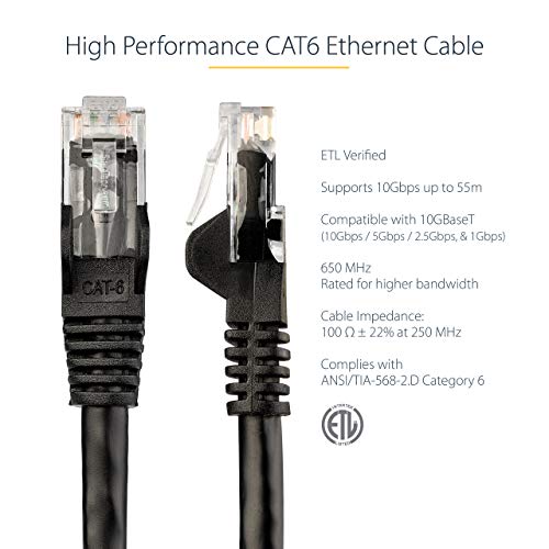 StarTech.com 35ft CAT6 Ethernet Cable - Black CAT 6 Gigabit Ethernet Wire -650MHz 100W PoE RJ45 UTP Network/Patch Cord Snagless w/Strain Relief Fluke Tested/Wiring is UL Certified/TIA (N6PATCH35BK) - Image 3