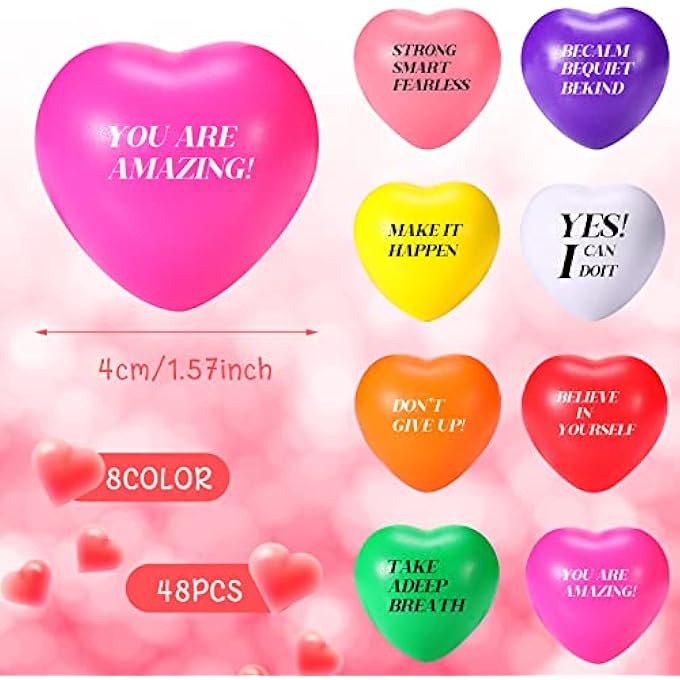 Jerify 48 Pieces Heart Stress Balls Foam Ball Inspirational Colorful Motivational Stress Balls Quotes Anxiety Relief Toys for Kids Adults Wedding School Carnival Reward, 8 Colors - Image 2