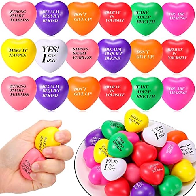 Jerify 48 Pieces Heart Stress Balls Foam Ball Inspirational Colorful Motivational Stress Balls Quotes Anxiety Relief Toys for Kids Adults Wedding School Carnival Reward, 8 Colors - Image 1