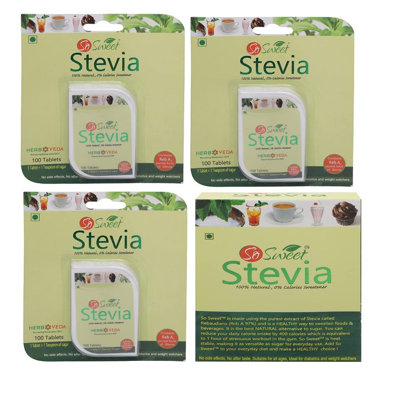 So Sweet Stevia 300 Tablets and 50 Sachets - Sugar-Free, Natural, Zero-Calorie Sweetener, Pack of 4, Ideal for Diabetics & Keto Diets, Convenient for Sweetening Drinks, Tea, Coffee, and Baking - Image 1