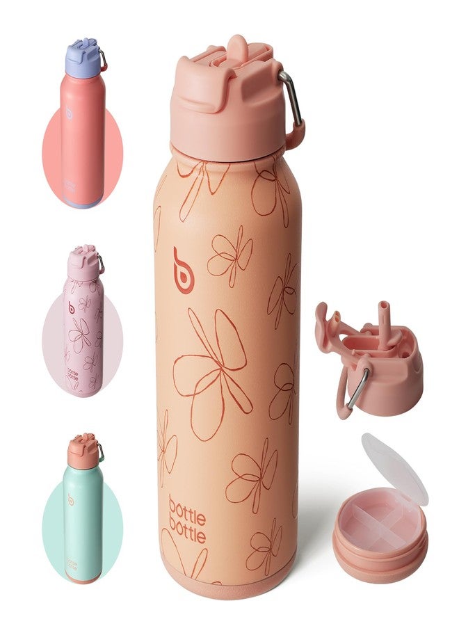 bottle bottle bottlebottle BOTTLE BOTTLE 32oz Insulated Water Bottle Stainless Steel Sport Water Bottle with Straw Dual-use Lid Design for Gym with Pill Box (yellow flower) - Image 1