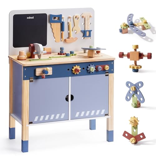 ROBUD Wooden Toy Workbench Large Kids Wooden Play Tool Pretend Play Creative Building Set Construction Workshop Tool Bench Toys Gift for Girls Boys 3 - Image 1