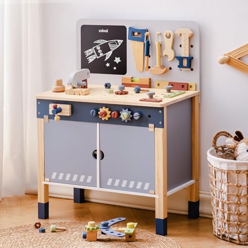 ROBUD Wooden Toy Workbench Large Kids Wooden Play Tool Pretend Play Creative Building Set Construction Workshop Tool Bench Toys Gift for Girls Boys 3 - Image 5