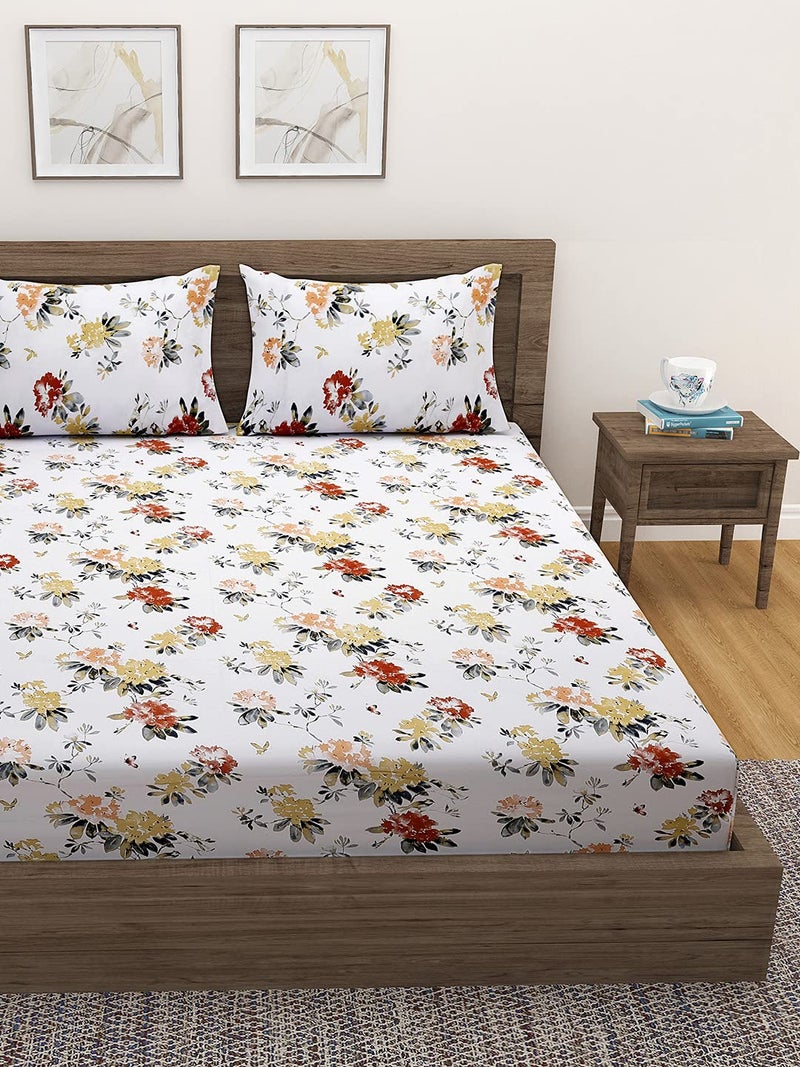 Swayam Swayam Ananda Collection Premium Cotton 200 TC Floral Print Cotton Double Bed Sheet with 2 Pillow Cover - Yellow,White  - Image 2