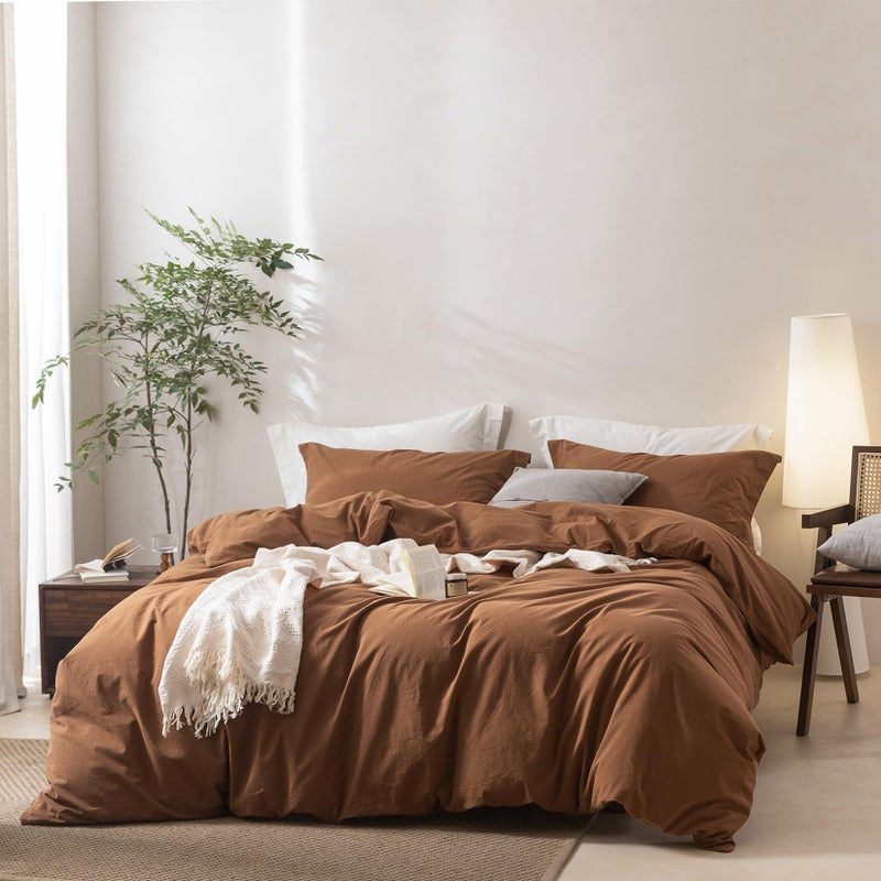 BDEAR Linen Feel Dark Orange Duvet Cover King Size 104'' W x 90'' L, Percale 100% Washed Cotton Duvet Cover with Zipper Closure Plus 2 Pillowcases, Oeko TEX Standard 100 Certificated - Image 1