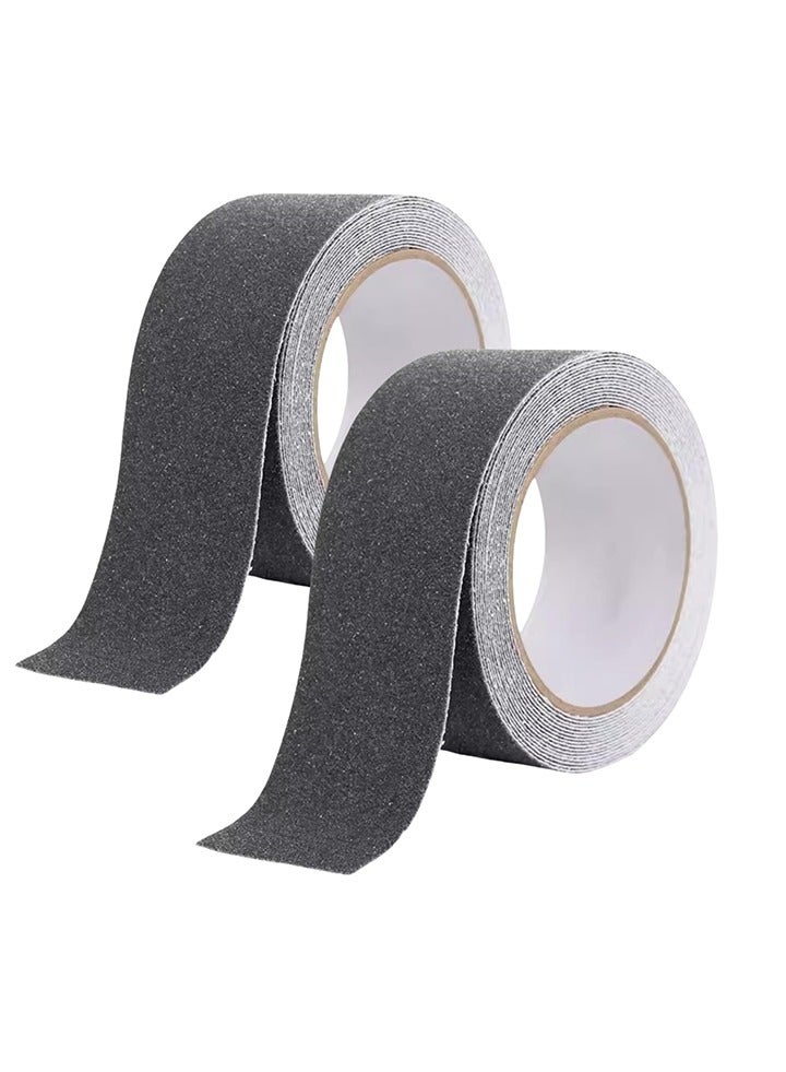 شريط مضاد للانزلاق عبوة من 2 لفافة، مقاس 5 سم × 5 أمتار، شريط حبيبي مانع للانزلاق، شريط قبضة لاصق متين للسلالم، شريط أمان عالي الجر، شرائط PVC مقاومة للماء للدرجات، للاستخدام الداخلي والخارجي (أسود) - Image 1