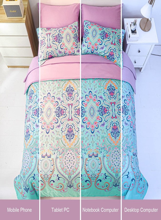 DHSFKBE Queen Comforter Set, 7 Piece Bed in a Bag, Boho Aqua and Lilac Damask Medallion Print Comforter with Sheets, Soft Microfiber Complete Bedding Set for All Season (Aqua, Queen) - Image 5