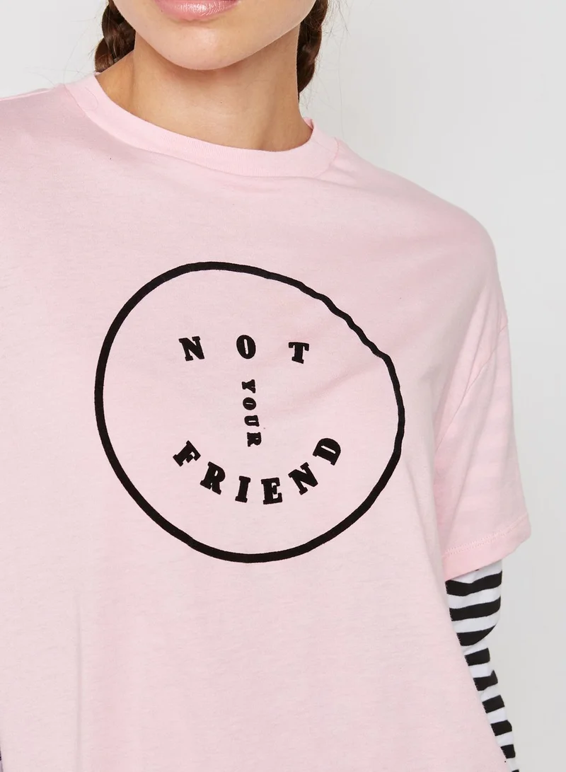Lazy Oaf Striped Sleeve Slogan T-Shirt