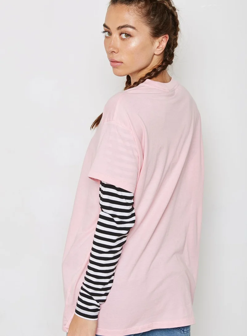 Lazy Oaf Striped Sleeve Slogan T-Shirt
