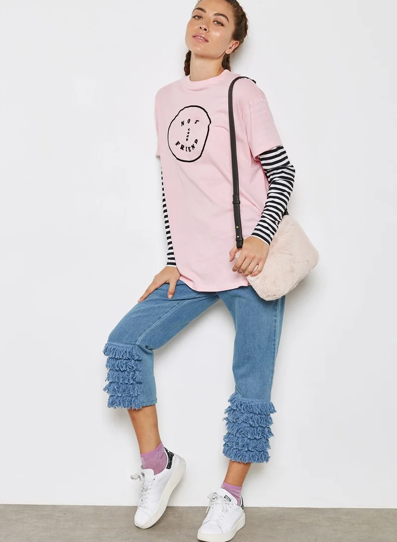 Lazy Oaf Striped Sleeve Slogan T-Shirt