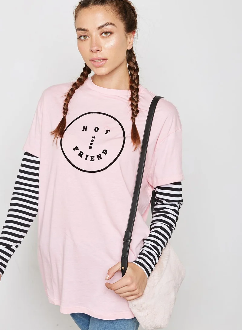 Lazy Oaf Striped Sleeve Slogan T-Shirt